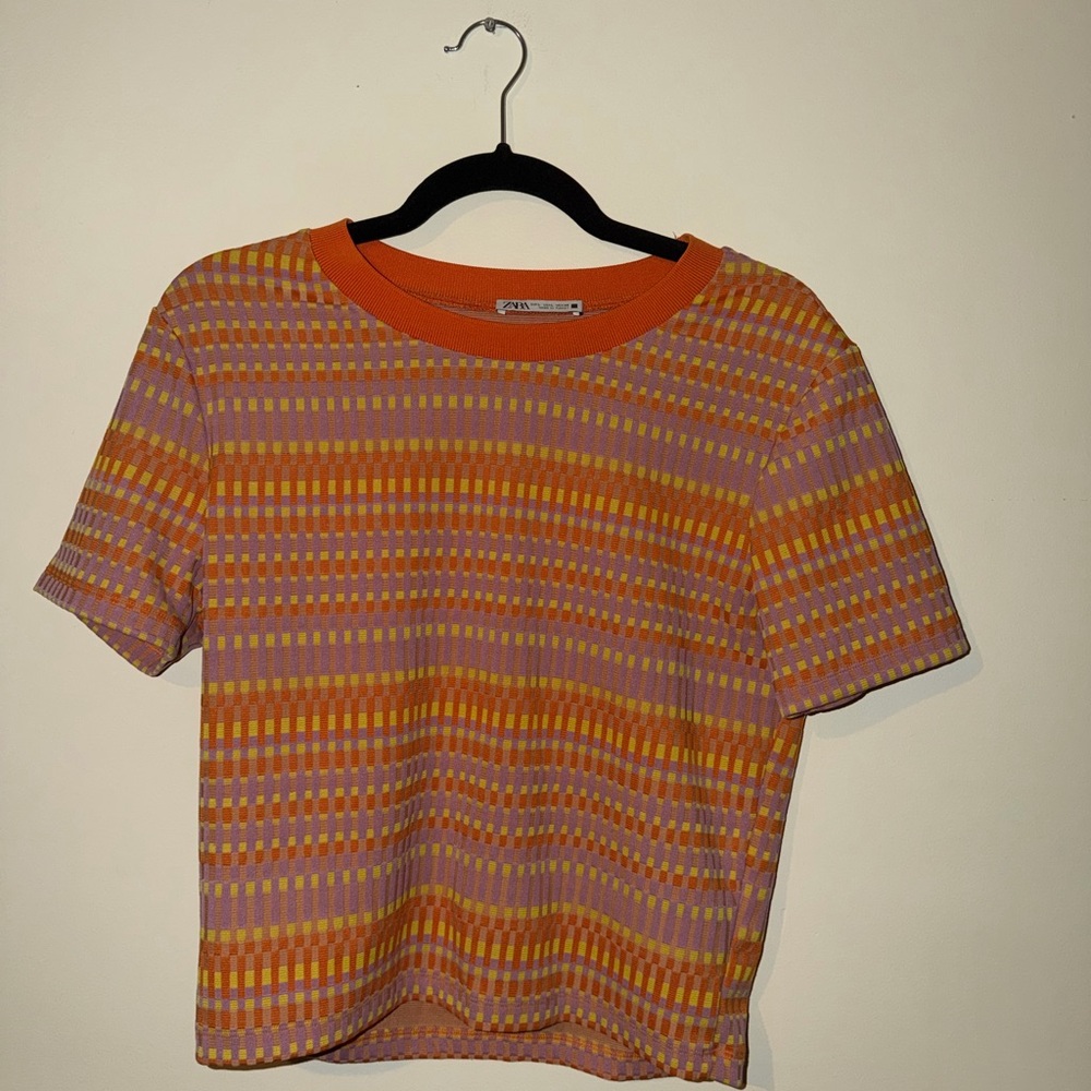 Zara Orange and Purple Striped Short Sleeve Tee